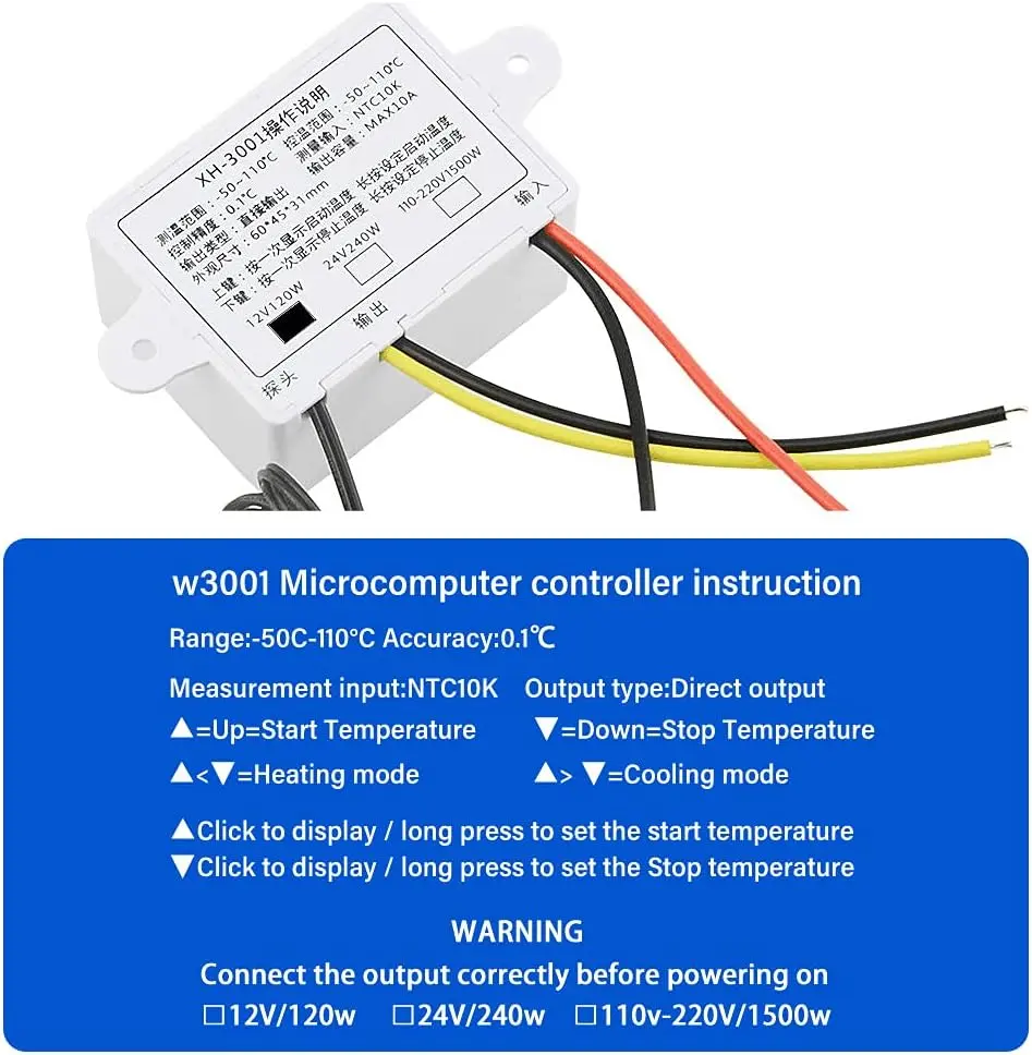 XH-W3001 DC 110V–220V 1500W 10A Digital Microcomputer Temperature Controller with Digital Display, Thermostat Switch, and NTC Sensor_3.webp