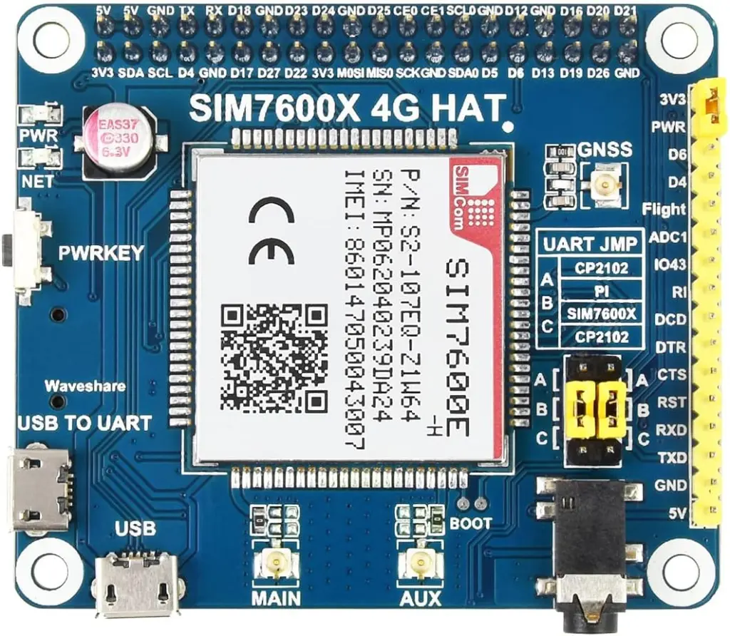 Waveshare 4G3G2GGSMGPRSGNSS Hat for Raspberry Pi 4 Jetson Nano Based on SIM7600E H Supports LTE CAT4 for Downlink Data Transfer2.webp