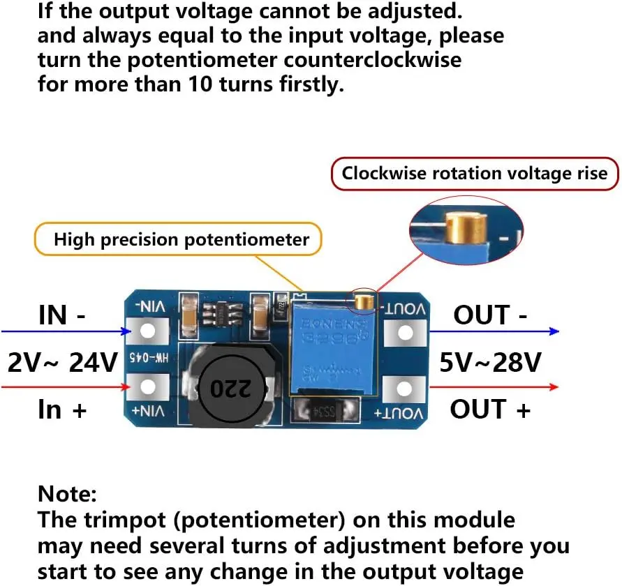MT3608,  2V-24V to 5V-28V, DC-DC Boost Converter 2A Adjustable Step Up Module Voltage Regulator Board_1.webp
