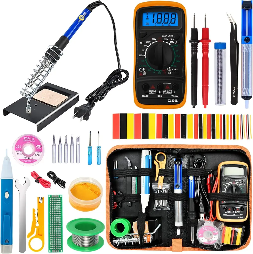 Soldering Iron Kit, 60W Adjustable Temperature, Digital Multimeter, 5pcs Soldering Tips, Wire, Stand, Desoldering Pump, Solder Wick, Tweezers, Welding Tool 1.webp