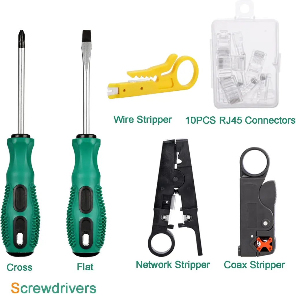 Network Tool Kit Professional Network Maintenance LAN Cable Tester, RJ45 Crimper 9 in 1 Repair Tools RJ45 Crimp Tool, 8P8C RJ45 Connectors, Cable Tester, Screwdriver, Stripping Pliers 6.webp