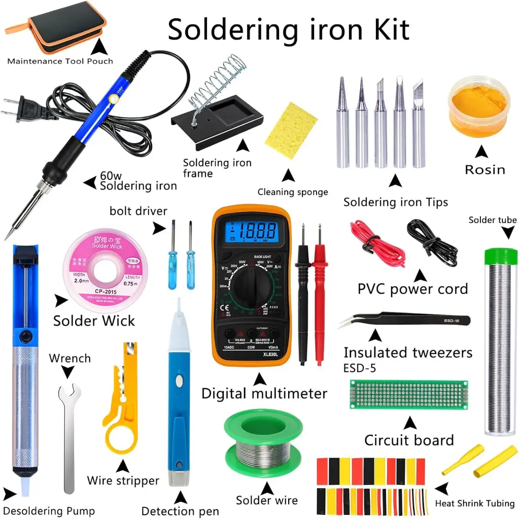 Soldering Iron Kit, 60W Adjustable Temperature, Digital Multimeter, 5pcs Soldering Tips, Wire, Stand, Desoldering Pump, Solder Wick, Tweezers, Welding Tool 2.webp