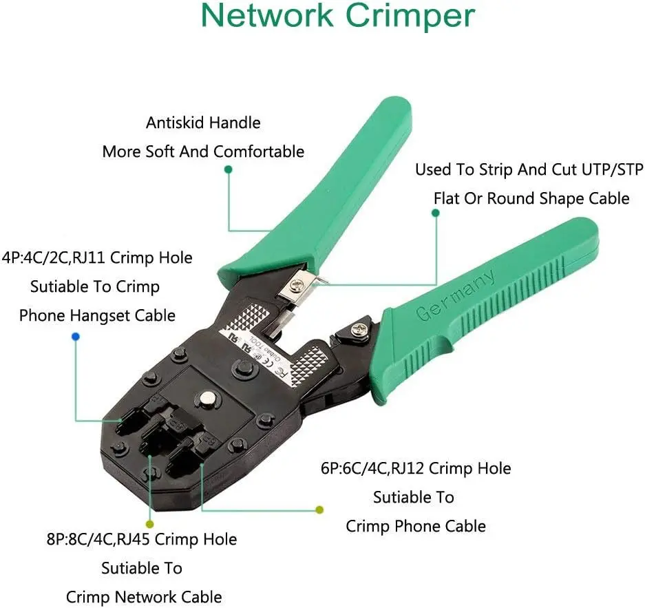 Network Tool Kit Professional Network Maintenance LAN Cable Tester, RJ45 Crimper 9 in 1 Repair Tools RJ45 Crimp Tool, 8P8C RJ45 Connectors, Cable Tester, Screwdriver, Stripping Pliers 1.webp