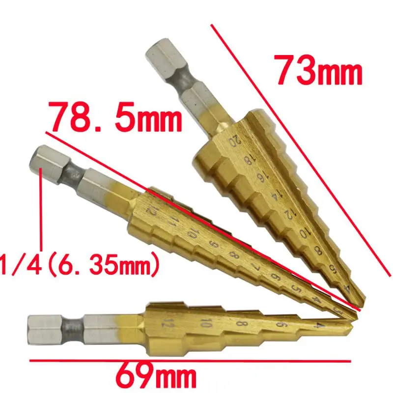 Step Drill Bit, HSS Straight Groove Step Drill Bit Titanium Coated Wood Metal Hole Cutter Core Cone Drilling Tools Set_1.webp