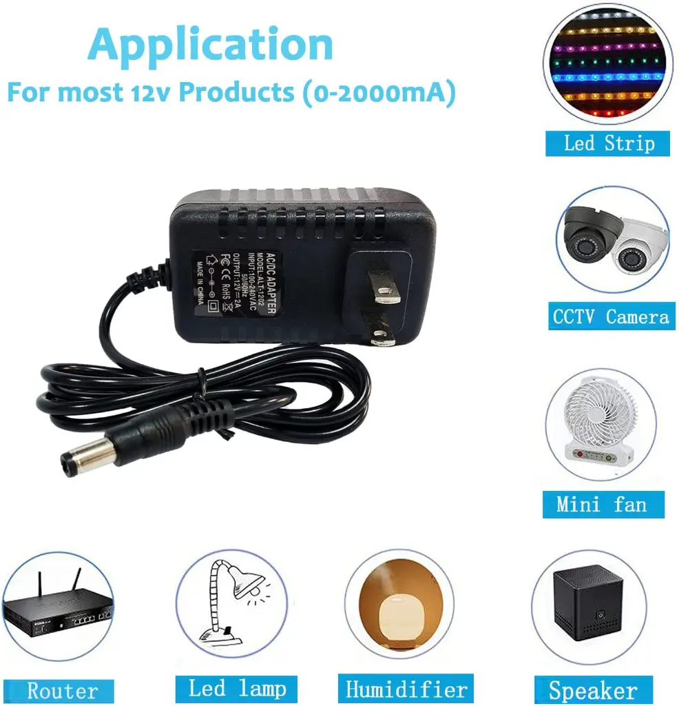 12 Volt 2A Power Adapter Supply, AC 100-240V to DC 12 V Power Supply Transformer Charger Wall Plug for DC12V Light Security CCTV Camera_1.webp