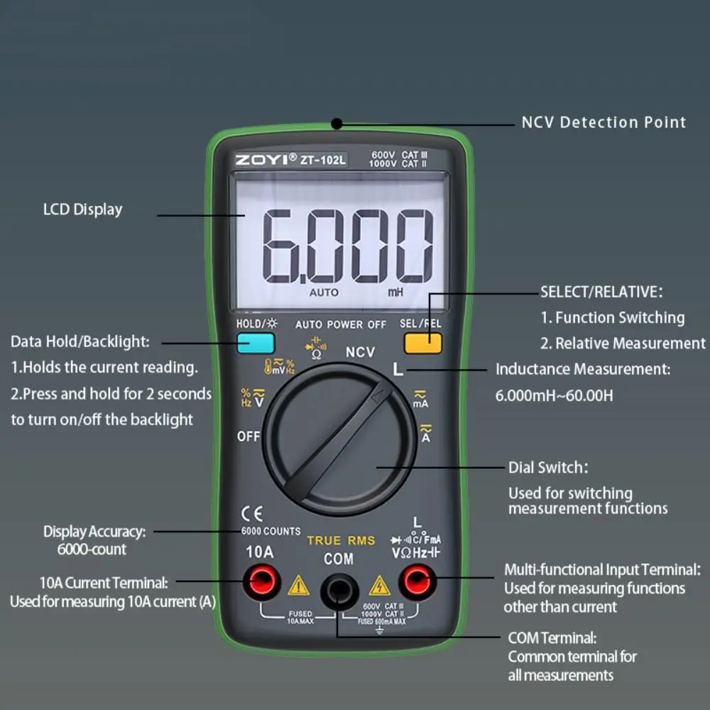 ZT-102L LCR Meter Inductance Tester Digital multimeter TRMS 6000 Counts accurately Measures Inductance Voltmeter Amp Meter ohmmetr Diodes Continuity Duty-Cycle Capacitance for Automotive 6.webp