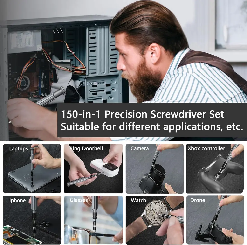 Ensemble de tournevis de précision 150-en-1, kit de tournevis compacts avec étui, outils de réparation électronique pour PC, ordinateur, ordinateur portable, iPhone, MacBook, lunettes, sonnette, montre, PS5, manette Xbox, RC (Noir)5.webp