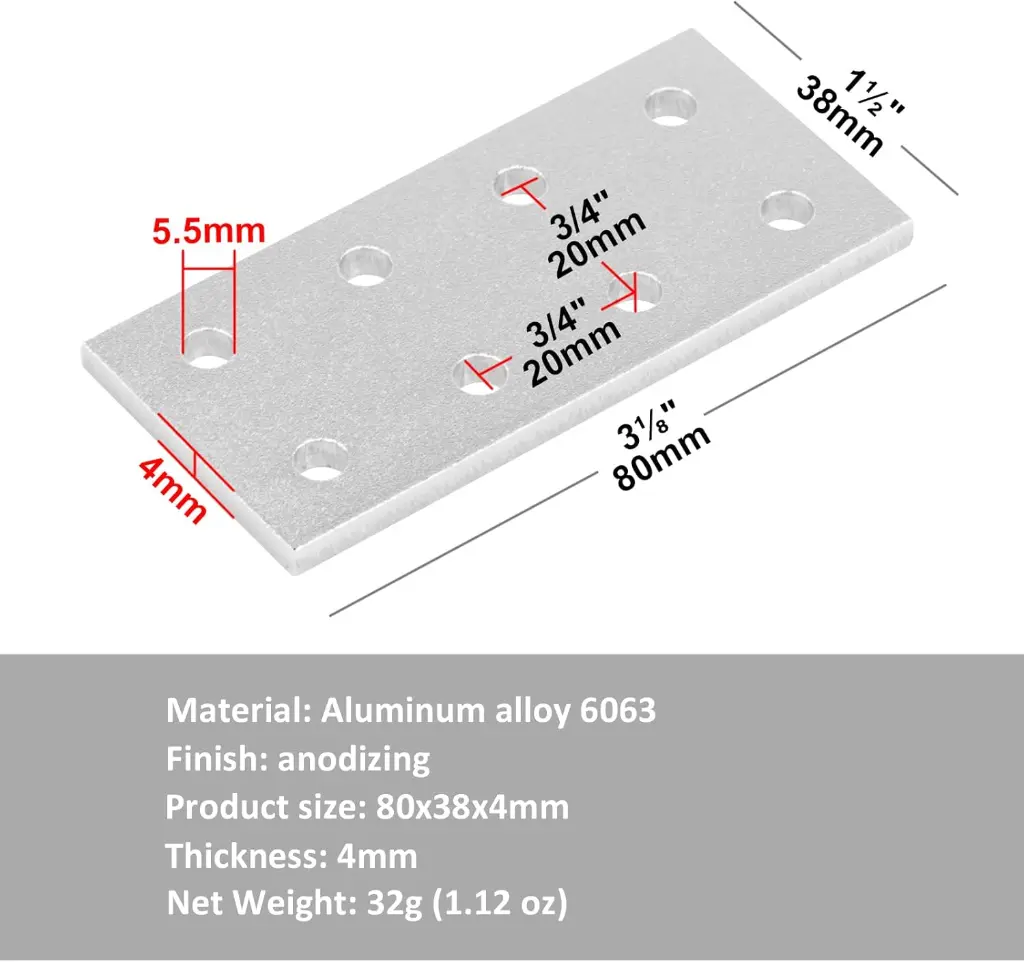 Flat Joining Plates for 2020 2040 T-Slot Aluminum Profile, 8 Hole Rectangular 20 Series Plate2.webp