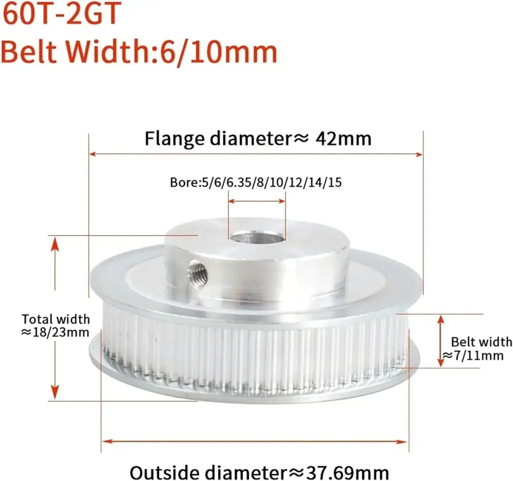 Poulie synchrone GT2 | 60 dents | Aluminium | Alésage 4, 5, 6.35, 8, 10, 12 mm | Pour courroie de largeur 6 mm et 10 mm | Accessoire imprimante 3D