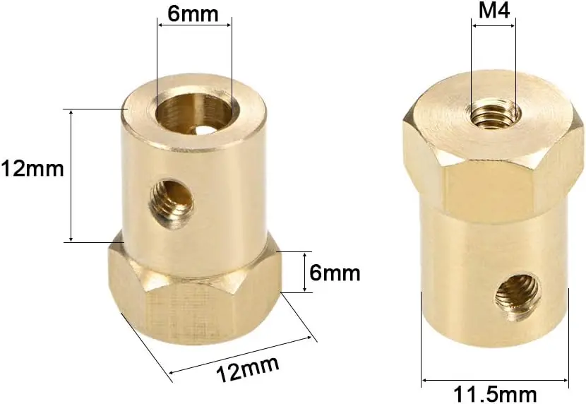 Hex Coupler 6mm Bore Motor Hex Brass Shaft Coupling Flexible Connector for Car Wheels Tires Shaft Motor with cylinder height 12mm, 24mm