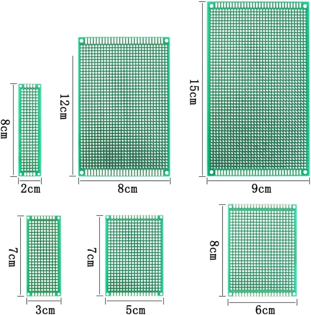 Plaques de prototypage universelles simple face DIY – PCB protoboard – Tailles : 9×15, 8×12, 7×9, 6×8, 5×7, 4×6, 3×7, 2×8 cm
