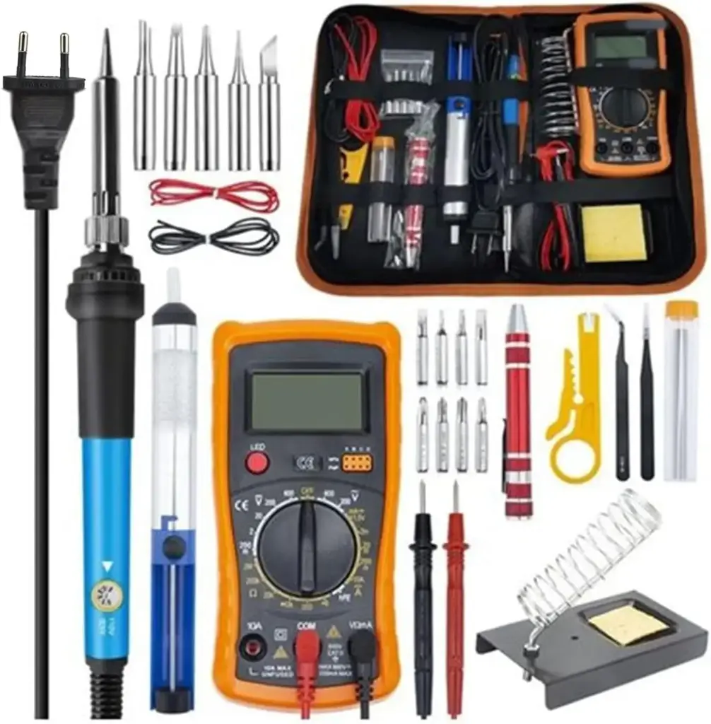 Electric Soldering Iron Set, 60 W Adjustable Temperature Soldering Iron, 25 Pieces with Digital Multimeter, Tips, Soldering Iron Stand, Desoldering Pump, Tweezers, Screwdriver, Soldering Iron Set for