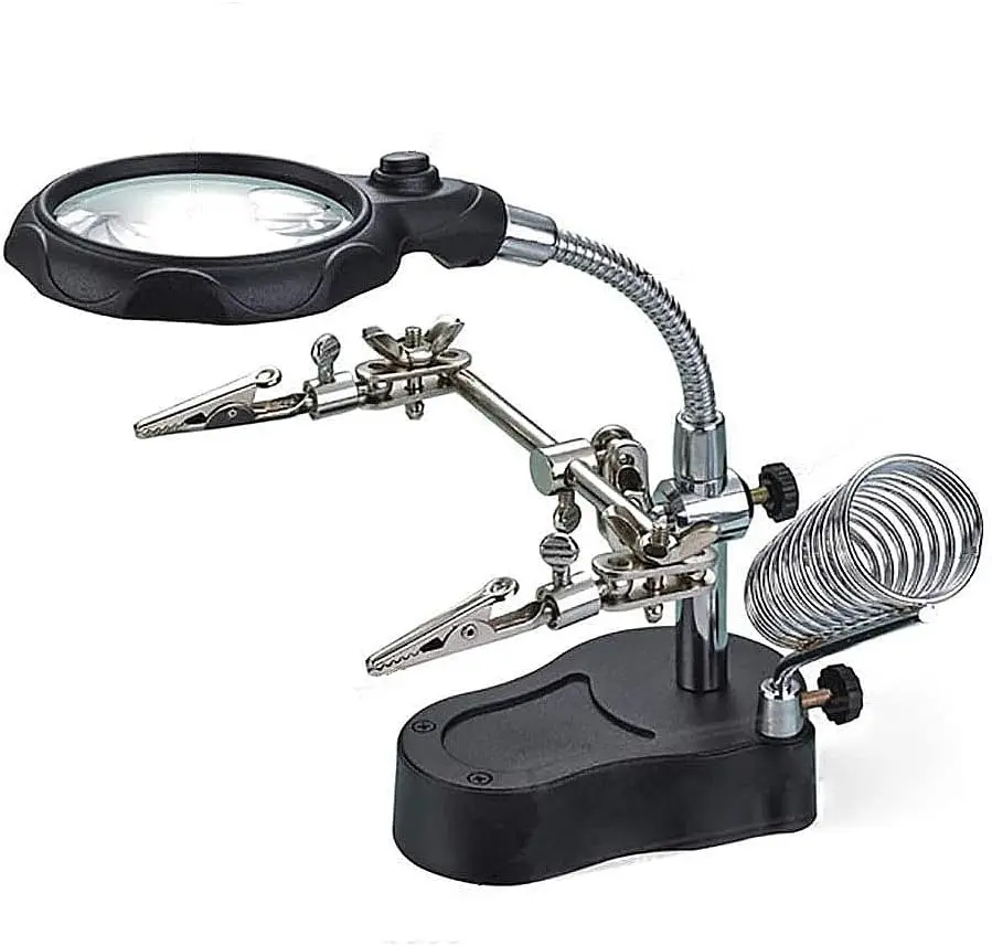Helping Hands Soldering - ZRAMO LED Light Desktop Magnifier with 360-Degree Roating Lens, 3.5X 12X Illuminated with Clamp and Alligator Clips Red Hands Free Bench Magnifier 