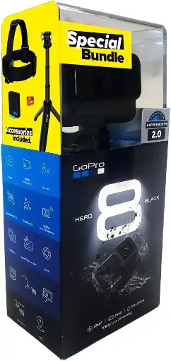 Pack GoPro HERO8 Black (édition retail) — comprend la caméra HERO8 Black, le Shorty (mini-perche/trépied), une sangle de tête, une carte SD de 32 Go  et  batteries rechargeables