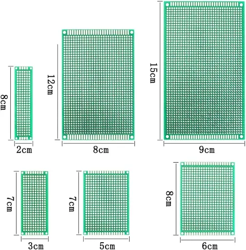 Plaques de prototypage universelles simple face DIY – PCB protoboard – Tailles : 9×15, 8×12, 7×9, 6×8, 5×7, 4×6, 3×7, 2×8 cm