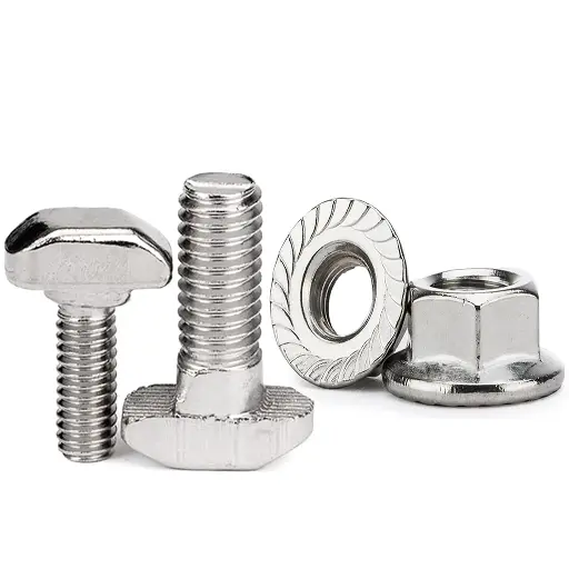 Lot Vis à tête marteau M5×16 mm + Écrou à bride (flange nut) – Nickelé – Pour profilés aluminium série 2020 (standard européen)