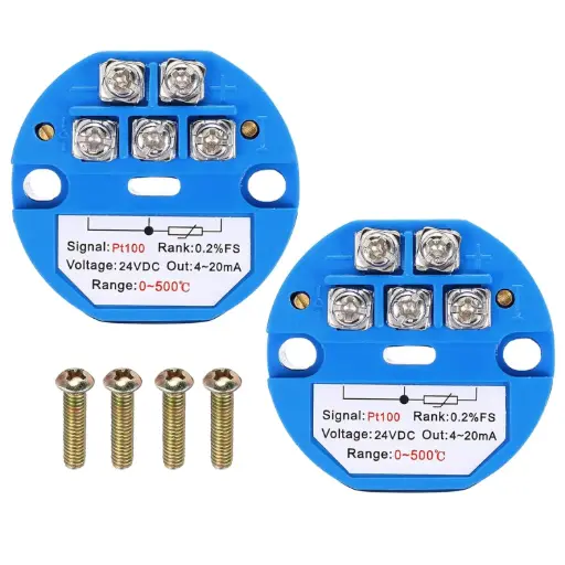 RTD PT100 temperature transmitter module, 0-500 °C range, 4-20 mA output