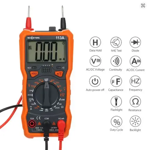 RICHMETERS RM113A Multimeter NCV Digital Multimeter 2000 Counts HFE AC/DC Voltage Measuring Meter with Flash Light Backlight