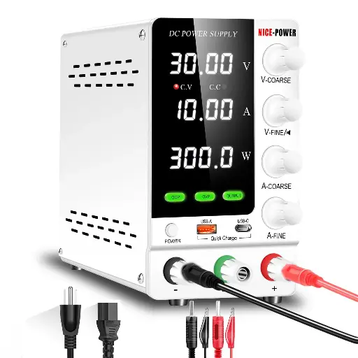 Alimentation DC Variable NICE-POWER 30V 10A, Régulée Ajustable avec Encodeur, Interrupteur de Sortie et Protection OCP/OVP, Alimentation de Laboratoire avec Charge Rapide USB-A et Type-C (Blanc)