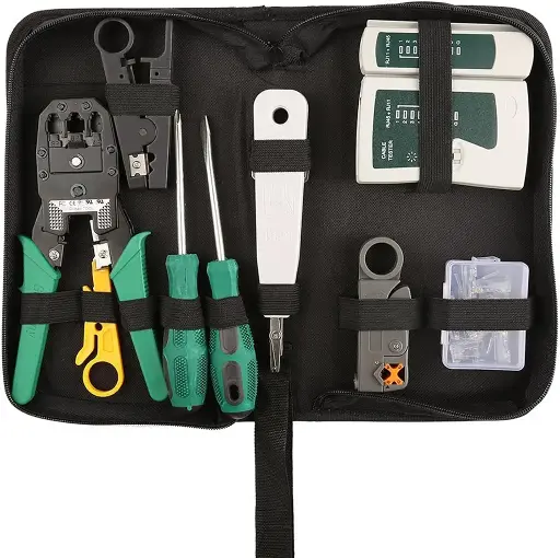 Network Tool Kit Professional Network Maintenance LAN Cable Tester, RJ45 Crimper 9 in 1 Repair Tools RJ45 Crimp Tool, 8P8C RJ45 Connectors, Cable Tester, Screwdriver, Stripping Pliers 