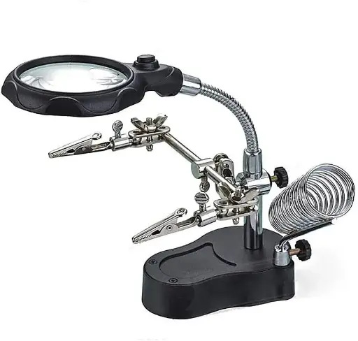 Helping Hands Soldering - ZRAMO LED Light Desktop Magnifier with 360-Degree Roating Lens, 3.5X 12X Illuminated with Clamp and Alligator Clips Red Hands Free Bench Magnifier 