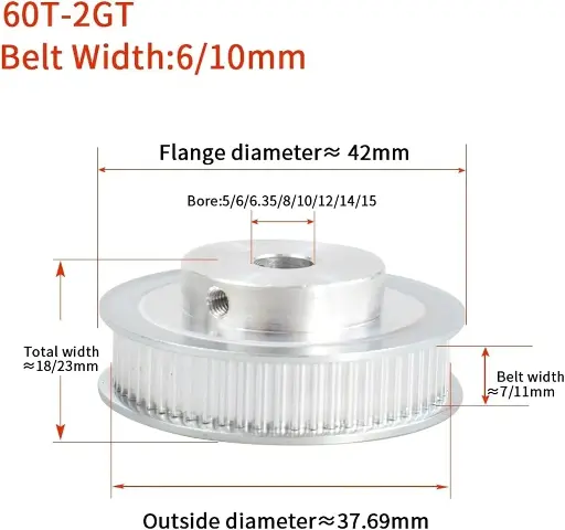 GT2 Timing Pulley  60 Teeth Aluminum Bore 5 6.35 10 12 8MM for Belt Width 6mm 10mm Belt for 3D Printer(60T W6 B6.35) 